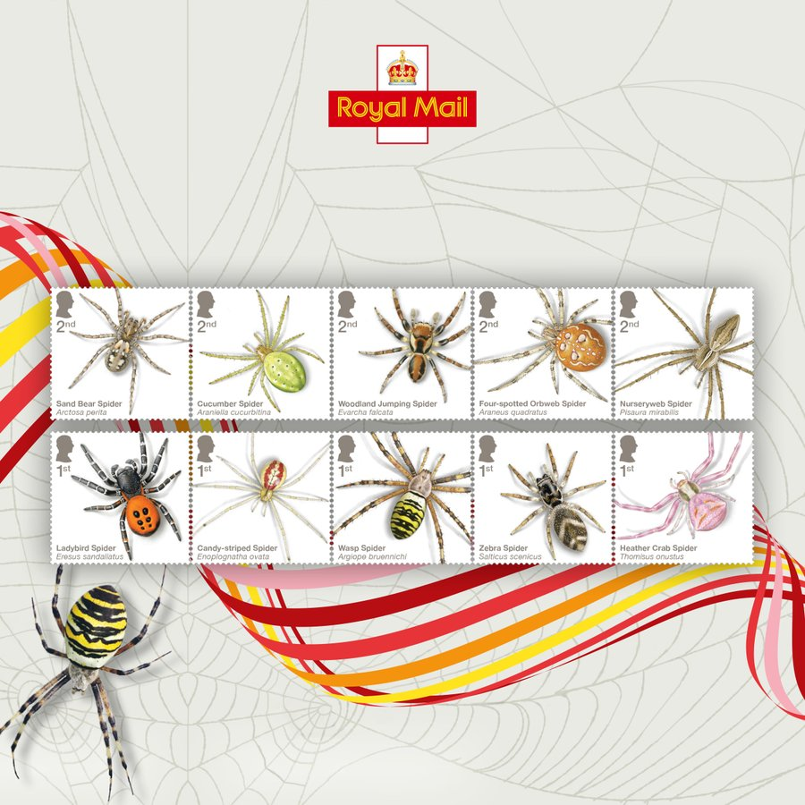 BritishSpiders's tweet image. For #Arachotober, a chance to celebrate the colourful diversity of Britain&apos;s spiders with @RoyalMailStamps special edition, superbly illustrated by @rlewington2.
Available now from your local Post Office or as special packs from
shop.royalmail.com/special-stamp-….