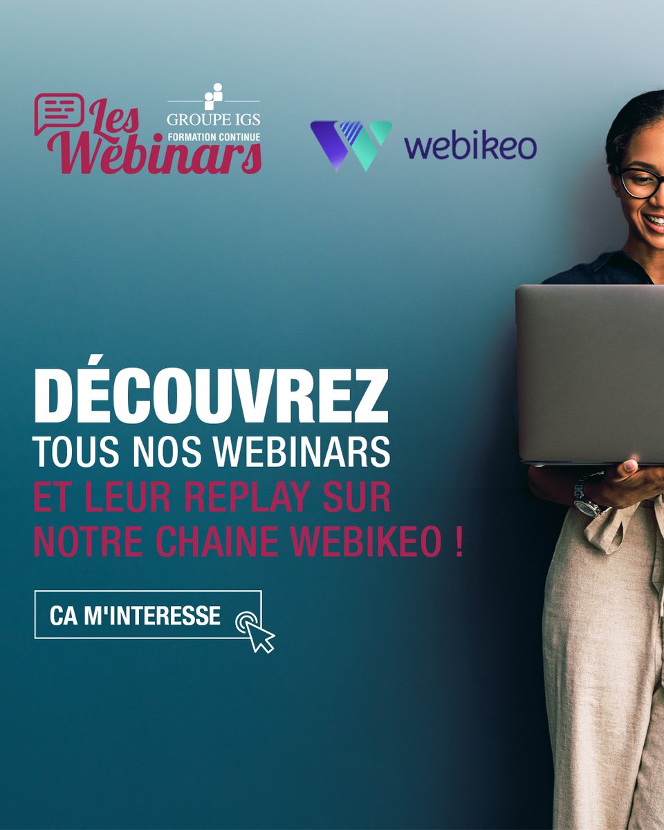 #replays | 🔁 La chaîne Webikeo du Groupe IGS Formation Continue regorge de contenus👉🏼
lnkd.in/eXVb8TcD

💻 Des sujets comme l'humour en entreprise ou la reconversion professionnelle: 10 webinars en #RH, #Management  et #RelationClient sont disponibles sur notre chaîne !