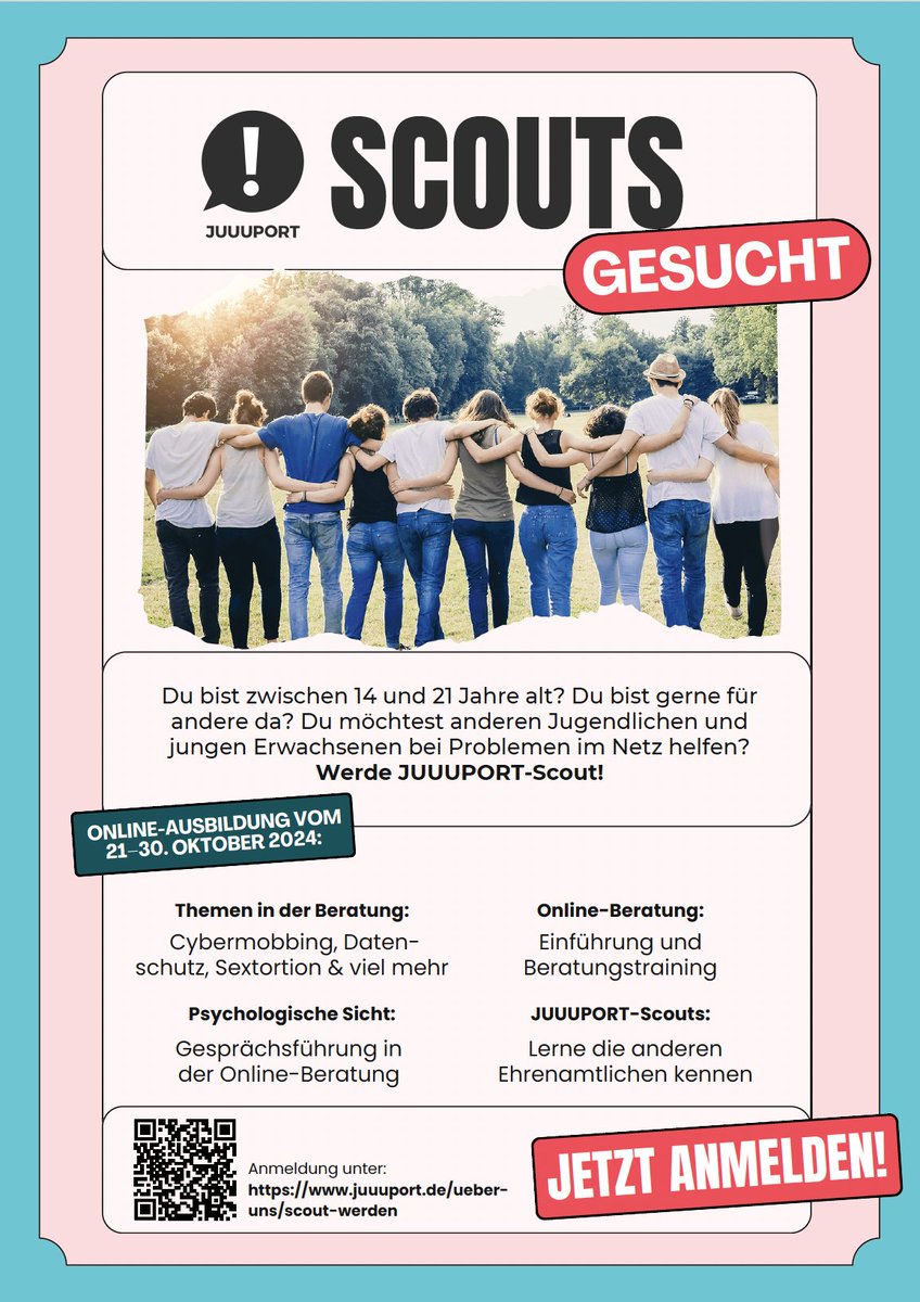 Wir suchen #Jugendliche, die sich ehrenamtlich engagieren und Gleichaltrigen bei Problemen im Netz helfen wollen.📲🤝 Die nächste #Ausbildung zum JUUUPORT-Scout findet im Oktober statt! Anmeldung &amp; mehr Infos: juuuport.de/ueber-uns/scou…