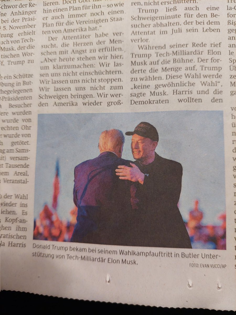 Auch in der Provinzzeitung angekommen: Musk macht harte Wahlkampfpropaganda für den misogynen Antidemokraten und psychopathischen Monomanen Trump. Keinen Cent für Elon!
