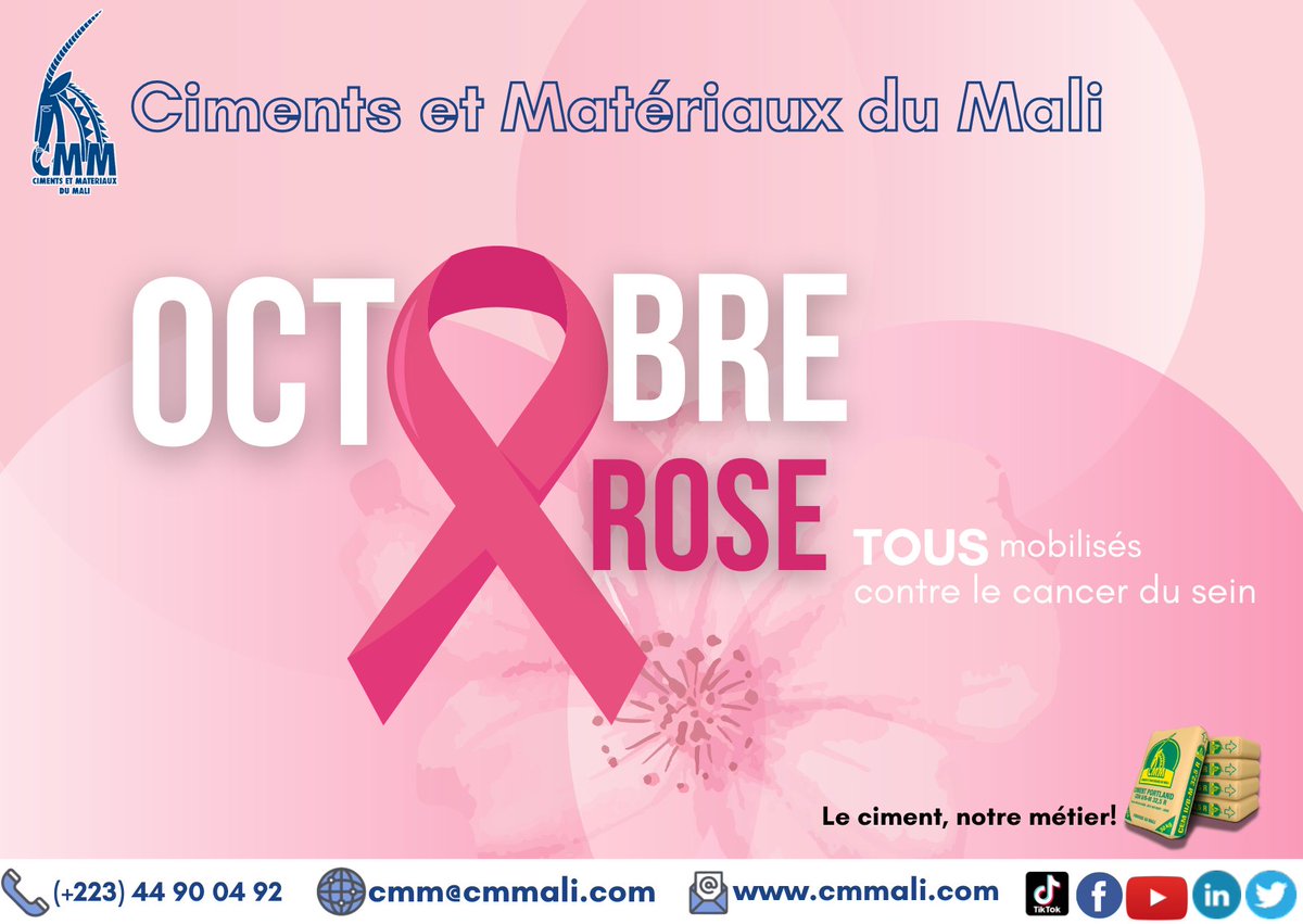 Tout un mois de sensibilisation, ensemble combattons le cancer du sein. Pensez rose et faites-vous dépister!                                               #CimentsEtMatériauxDuMali #CMM #Cimenterie #cancerdusein #depistagecancer #Cancer