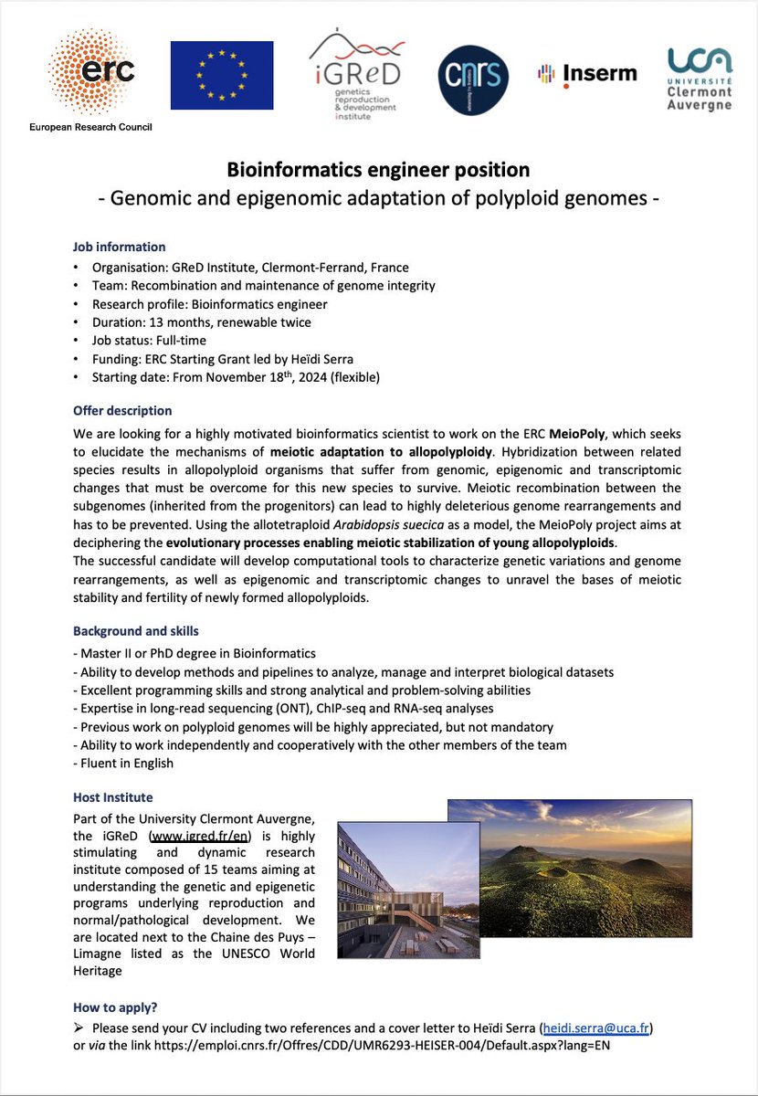 Heïdi Serra (@heidi_serra) on Twitter photo 📢 We are recruiting!
We offer a bioinformatics engineer position <a href="/GReD_Clermont/">Institute Genetics, reproduction & development</a> to work on an exciting project on #Meiosis & #Polyploidy!
Please RT! 🙏
#ResearchOpportunity #Bioinformatics #CNRS <a href="/ERC_Research/">European Research Council (ERC)</a> 📢 We are recruiting!
We offer a bioinformatics engineer position <a href="/GReD_Clermont/">Institute Genetics, reproduction & development</a> to work on an exciting project on #Meiosis & #Polyploidy!
Please RT! 🙏
#ResearchOpportunity #Bioinformatics #CNRS <a href="/ERC_Research/">European Research Council (ERC)</a>