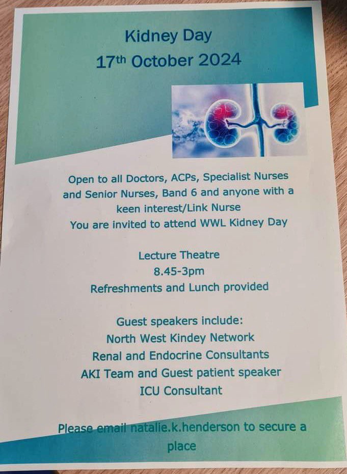 Jayne Gulliford (@janieg13) on Twitter photo Not long to go now until <a href="/WWLNHS/">WWL NHS</a> Kidney Education Day. There are still places available for anyone wanting to join. We have guest speakers attending from <a href="/KidneyNW22/">NW Kidney Network</a> <a href="/SalfordRenal/">Salford Care Organisation Renal Department</a> with patient stories shared too. Please contact myself or Natalie to book a place โค๏ธ Not long to go now until <a href="/WWLNHS/">WWL NHS</a> Kidney Education Day. There are still places available for anyone wanting to join. We have guest speakers attending from <a href="/KidneyNW22/">NW Kidney Network</a> <a href="/SalfordRenal/">Salford Care Organisation Renal Department</a> with patient stories shared too. Please contact myself or Natalie to book a place โค๏ธ