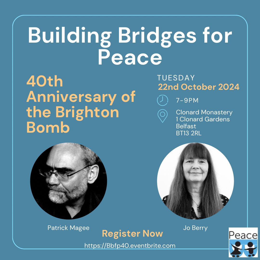 Building Bridges for Peace at Clonard Monastery in Belfast  on October 22nd. A unique opportunity to hear Jo Berry and Patrick Magee speak together to share  their extraordinary dialogue that speaks to the courage, complexity, and transformative power of reconciliation. #empathy