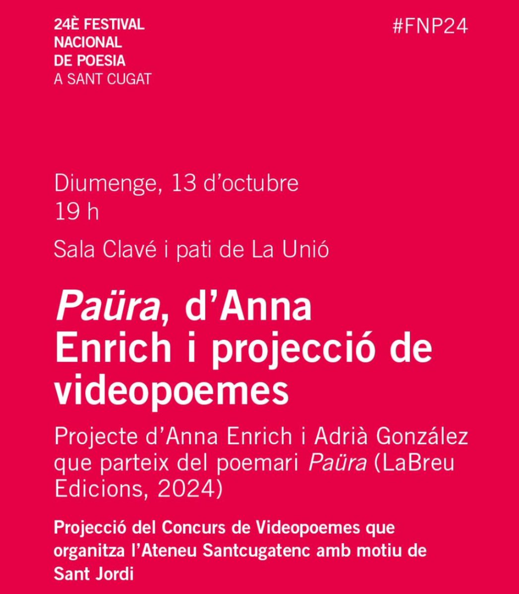 Diumenge 13, a les 19 h, al <a href="/FNPoesiacat/">Festival Nacional de Poesia</a>
PAÜRA d'#AnnaEnrich <a href="/AnnaEnrich5/">Anna Enrich</a>
acompanyament musical d'Adrià González i projecció de videopoemes  

amb la col·laboració de <a href="/FerraterGabriel/">Associació Gabriel Ferrater - Sant Cugat</a> i <a href="/omniumstc/">Òmnium Sant Cugat</a>

a la Sala Clavé de <a href="/launiosc/">La Unió Santcugatenca</a> (av. de Josep Anselm Clavé,13-17 #SantCugat)

#paüra