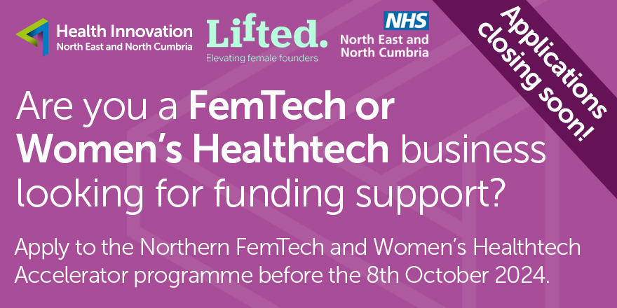 ⏳ Last call for #FemTech and Women’s #Healthtech innovators! It is your last chance to apply for the Northern FemTech and Women’s Healthtech Accelerator programme - for expert mentorship, growth &amp; funding opportunities.

Apply before 8th Oct 2024! 👇 
healthinnovationnenc.org.uk/northern-femte…