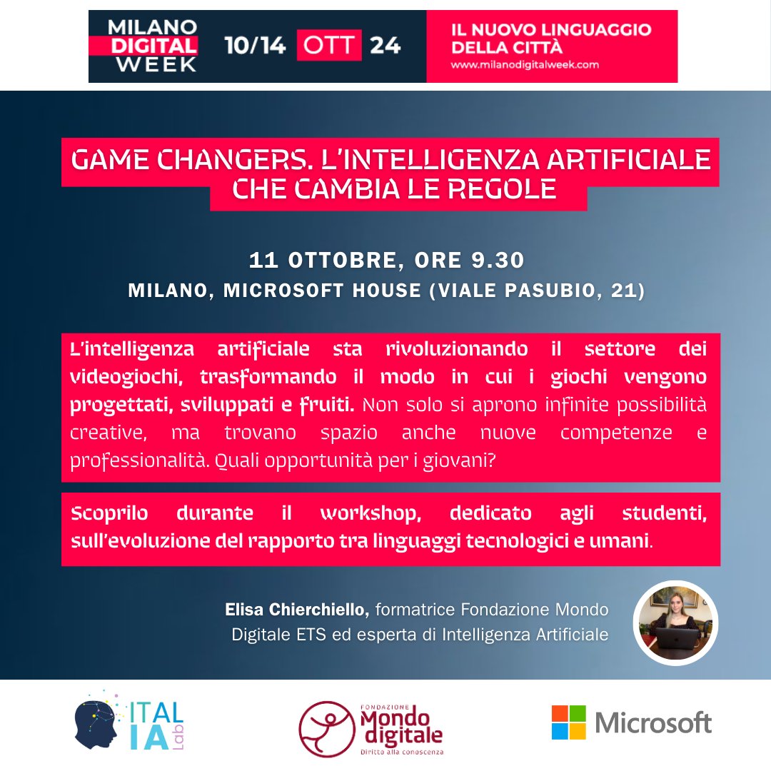 Ital.IA Lab alla Milano Digital Week 2024
📅 11 ottobre, ore 9.30
📍 Milano, Microsoft House 
L'IA sta rivoluzionando il settore dei #videogiochi 🎮 Quali opportunità per i giovani?
🌐 Ne parliamo insieme alla #MDW con un workshop promosso insieme a <a href="/microsoftitalia/">Microsoft Italia</a> <a href="/ComuneMI/">Comune di Milano</a>
