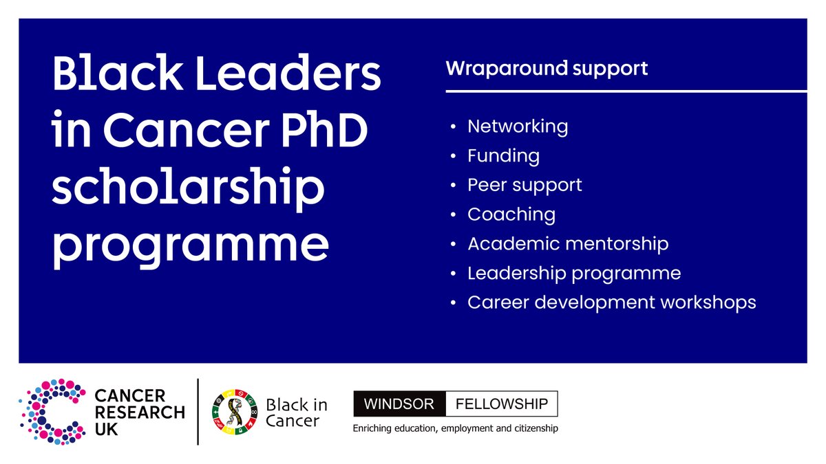 Last chance to register for a #BlackLeadersinCancer PhD scholarship programme insight session.

Find out more about the programme and how to apply from our partners and host institutions.

Join us on 8 October 12:30-2pm
bit.ly/3XPPmil