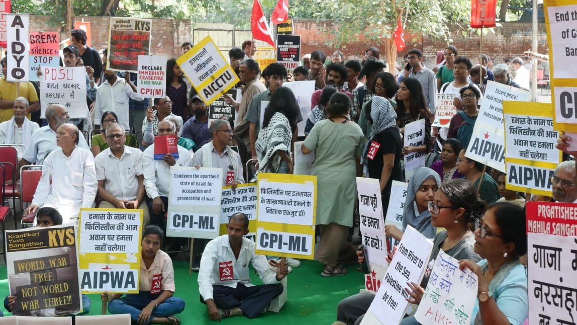 Meeting at Jantar Mantar to express solidarity with Palestinians, demand immediate halt to the year-long #genocide in Gaza and the attempt to turn #Lebanon into another #Gaza and condemn the complicity of the Modi regime and Adani group in the continuing genocide of Palestinians.