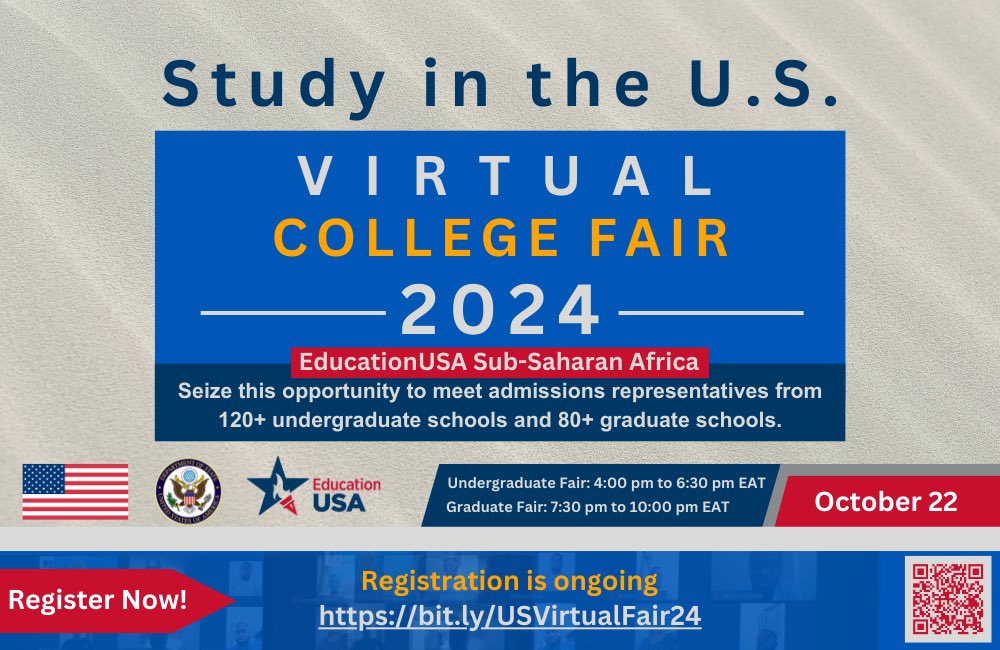 Are you dreaming of studying in the USA? Join the EducationUSA Sub-Saharan Africa Virtual Fair 2024 on Oct 22! Connect with reps from 150+ U.S. universities.

Undergrad Fair: 4-6:30 PM EAT
Graduate Fair: 7:30-10 PM EAT

Register here👉 [bit.ly/USVirtualFair24]