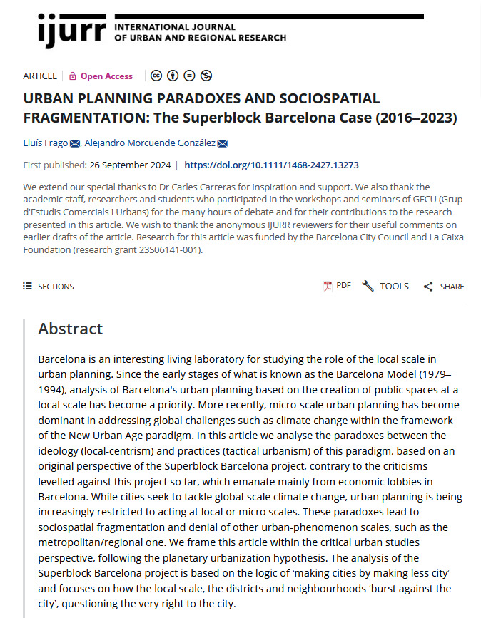 <a href="/LluisFragoClols/">Lluís Frago Clols</a>  i <a href="/AlexMorcuende/">Àlex Morcuende</a> celebren la publicació d’un article a la revista International Journal of Urban and Regional Research (IJURR).

Una anàlisi crític del projecte Superilla Barcelona que identifica paradoxes i contradiccions més enllà de la propaganda habitual.