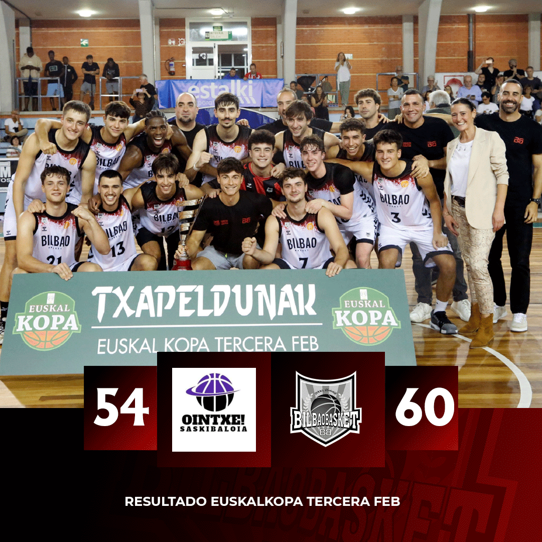 Surne Bilbao Basket 😎 (@bilbaobasket) on Twitter photo Nuestro equipo de 3ª FEB sigue dando grandes noticias. Campeón de la Euskal Kopa en Durango tras superar a Baskonia en semifinales (71-64) y a Mondragon Unibertsitatea <a href="/Ointxe/">Ointxe! Saskibaloia</a> (54-60) en la final.
Zorionak txapeldunak! 🖤😎 Nuestro equipo de 3ª FEB sigue dando grandes noticias. Campeón de la Euskal Kopa en Durango tras superar a Baskonia en semifinales (71-64) y a Mondragon Unibertsitatea <a href="/Ointxe/">Ointxe! Saskibaloia</a> (54-60) en la final.
Zorionak txapeldunak! 🖤😎