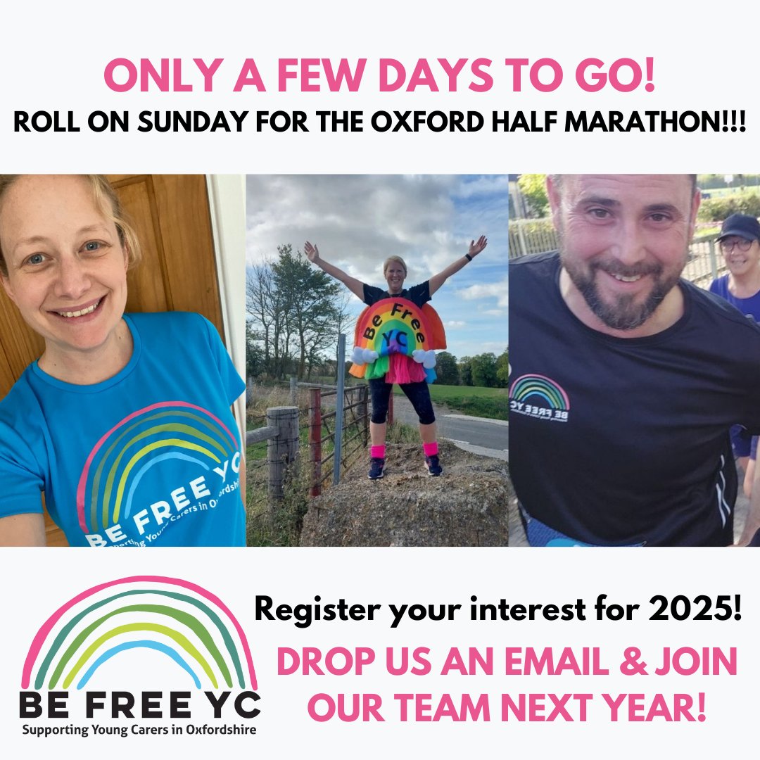 This Sunday is the Oxford Half Marathon! 🎽👟🌈🌟

We have another amazing team running for our charity this year! Wishing our amazing Be Free Team the best of luck for this weekend! We know you will all smash it!🎉🏃‍♀️🏃‍♂️🏅

1/2

#oxfordhalf  #youngcarers #oxfordshire