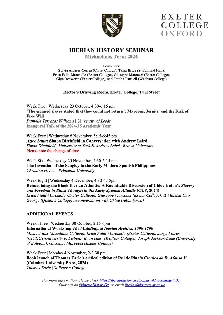 Welcome to another term of Oxford's Iberian History Seminar! We’re delighted to share this new programme with you.  For details: iberianhistory.web.ox.ac.uk/article/iberia…

<a href="/OxfordHistory/">Oxford History</a> 
<a href="/oxfordglobhist/">Oxford Global History</a> 
<a href="/LACOxford/">LAC Oxford</a> 
<a href="/OxfordSpanish/">SpanishSubFaculty@Oxford</a> 
<a href="/TORCHOxford/">TORCH Oxford</a>
<a href="/OxMedStud/">Oxford Medieval Studies</a> 
<a href="/ExeterCollegeOx/">Exeter College, Oxford</a>