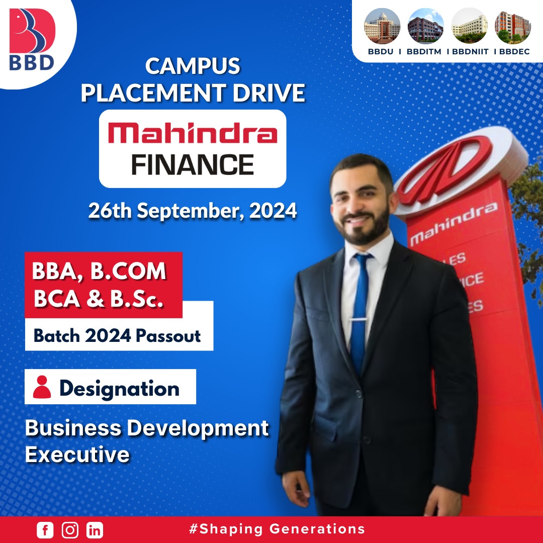 BBD_UNIVERSITY's tweet photo. BBD welcomes Mahindra Finance for Campus Placement Drive of Batch 2025 Passouts. #campusplacement #bbdgroup #wearefutureready #bestuniversity #mahindrafinance #finance #mahindra https://t.co/drKvGIM7Oq