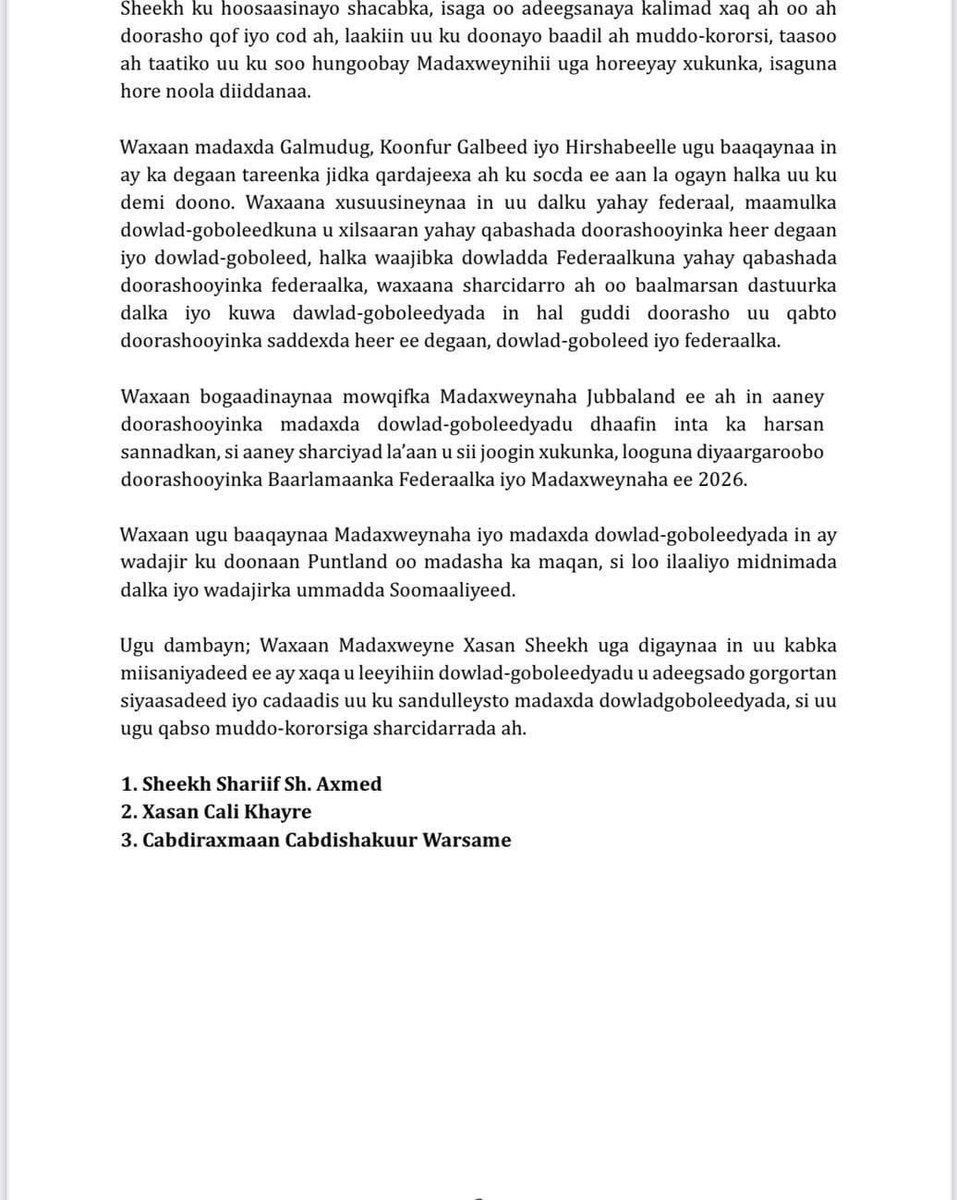 Opposition leaders Sheikh Sharif Sheikh Ahmed, Hassan Ali Khaire, and Abdirahman Abdishakur Warsame reject President Hassan Sheikh Mohamud's unconstitutional term extension following the breakdown of NCC talks, which failed to reach consensus on extending the terms of both the
