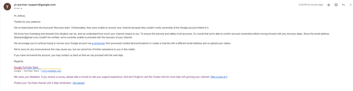 squashy_boy's tweet photo. My Youtube channel got hacked and @TeamYouTube is doing nothing about it. 

Everytime I write in to ask for help they hit me back with the "Unfortunately, they were unable to recover your channel because they couldn’t verify ownership"

EVEN THO I SENT IN VIDEO PROOF, nothing... https://t.co/E4B2WXfpZu