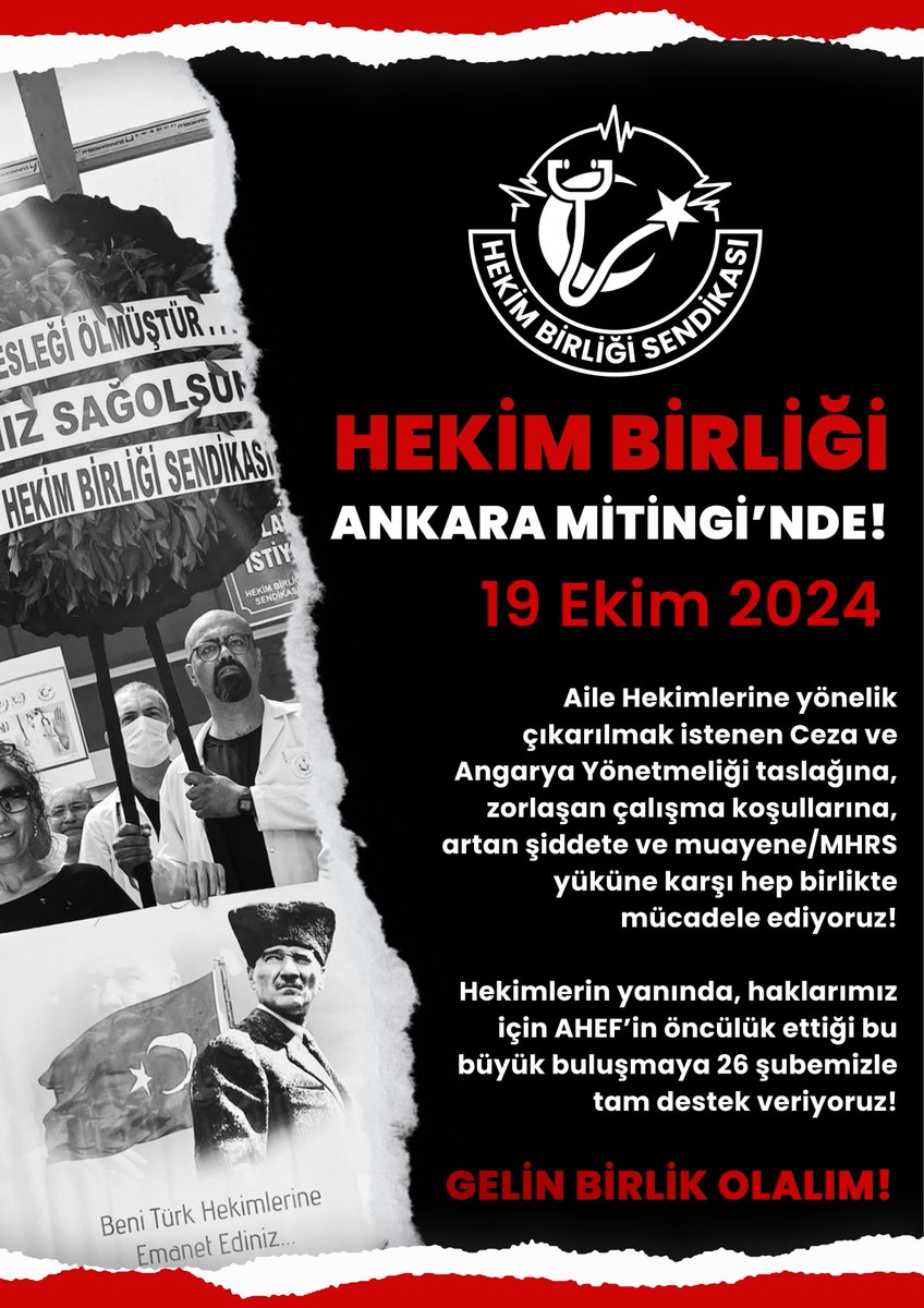 hekim_birligi's tweet photo. 🚨 HEKİM BİRLİĞİ ANKARA MİTİNGİ’NDE! 🚨

📅 19 Ekim 2024, Cumartesi
📍 ANKARA
Aile Hekimlerine yönelik çıkarılmak istenen Ceza ve Angarya Yönetmeliği taslağına, zorlaşan çalışma koşullarına, artan şiddete ve muayene/MHRS yüküne karşı hep birlikte mücadele ediyoruz!

Hekimlerin yanında, haklarımız için AHEF’in öncülük ettiği bu büyük buluşmaya 26 şubemizle tam destek veriyoruz!

Masa başında alınan, bizleri yok sayan kararlara karşı; kademeli ve giderek artan şekilde iş bırakma eylemlerimizi planladık. Bu konuda AHEF ve ilgili STK’larla birlikte iş birliği yapmaya ve daha güçlü adımlar atmaya hazırız!

Birlikte daha güçlüyüz, Birlikte kazanacağız!

#GelinBirlikOlalım