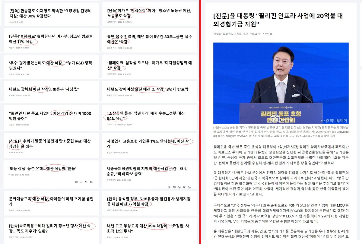 돈 없어서.. 
요양병원 지원 예산삭감 
청소년 방과후 예산삭감 
광복회 예산 삭감 
디지털 성범죄 예산삭감 
장애여성 출산 예산삭감 
탄소중립 R&amp;D 예산삭감 
문화예술교육 예산삭감 
고교무상교육 예산 삭감 
. 
. 
 
BUT, 
필리핀 인프라 사업에 2조6000억 지원,. 
 
멋지다. 울가카.