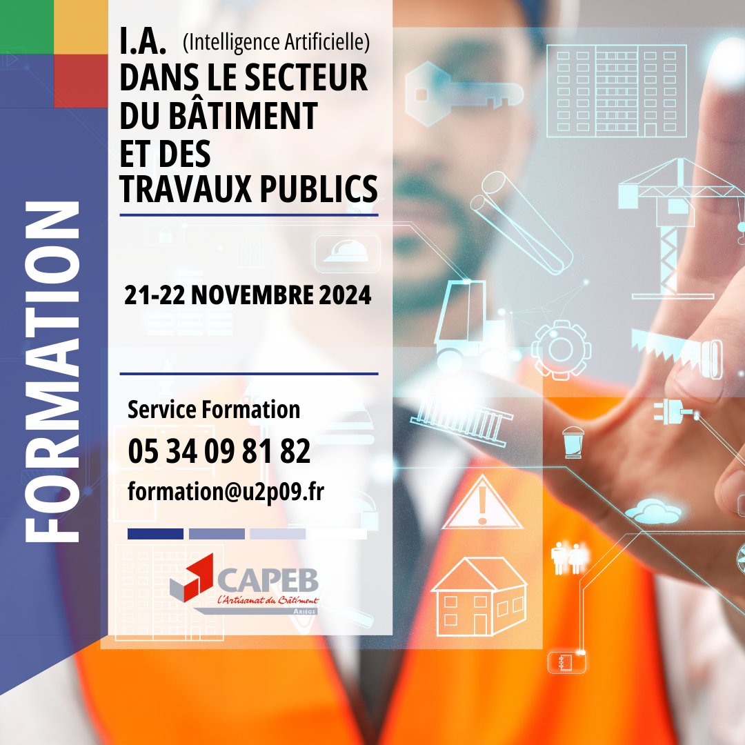 CapebCnatp09's tweet photo. FORMATION IA DAS LE SECTEUR DU BATIMENT ET TRAVAUX PUBLICS
📆 du 21 au 22 NOVEMBRE 2024 
🖥️ https://t.co/zpd7KUNmUS
Service Formations 
📲 05 34 09 81 82
📧 formation@u2p09.fr https://t.co/eHjKlrT4BY