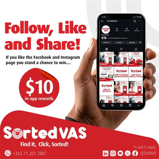 Follow, Like, Share and Win with Sorted VAS. Whatever service you need, Find it, Click, Sorted!
1. Follow our Handle. 
2. Like Our Posts.
Stand a chance to win Sorted VAS In-App rewards!....