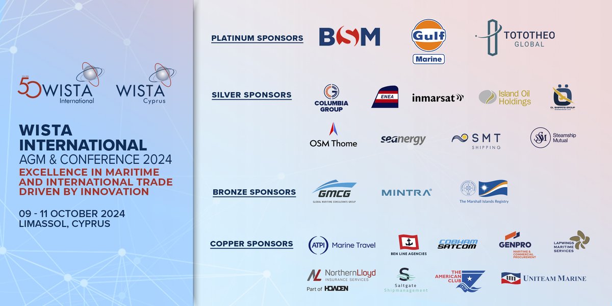 Ahead of the WISTA International AGM and Conference this week, @WISTAInternational would like to thank all of our sponsors and supporters. We look forward to welcoming you, and all of our attendees, to the event!

#wista #womeninmaritime #womeninshipping #womenintrade