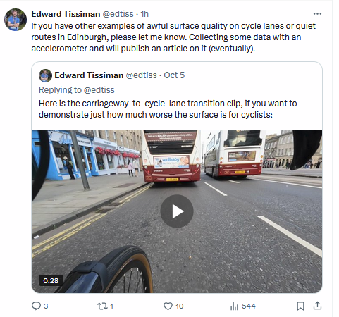 SpokesLothian's tweet photo. @edtiss #Cyclelane #SurfaceQuality
Hi @edtiss great to hear of your #accelerometer work!
Are you aware of the research by
@CyclingSurgeon #ProfChrisOliver
& engineering expert @drmarktaylor76 @EdinburghNapier?
Links in our article
->https://t.co/m1Piiyj7GL
@edfoc @SW20Ed @devisridhar https://t.co/ST4ElkVgFt