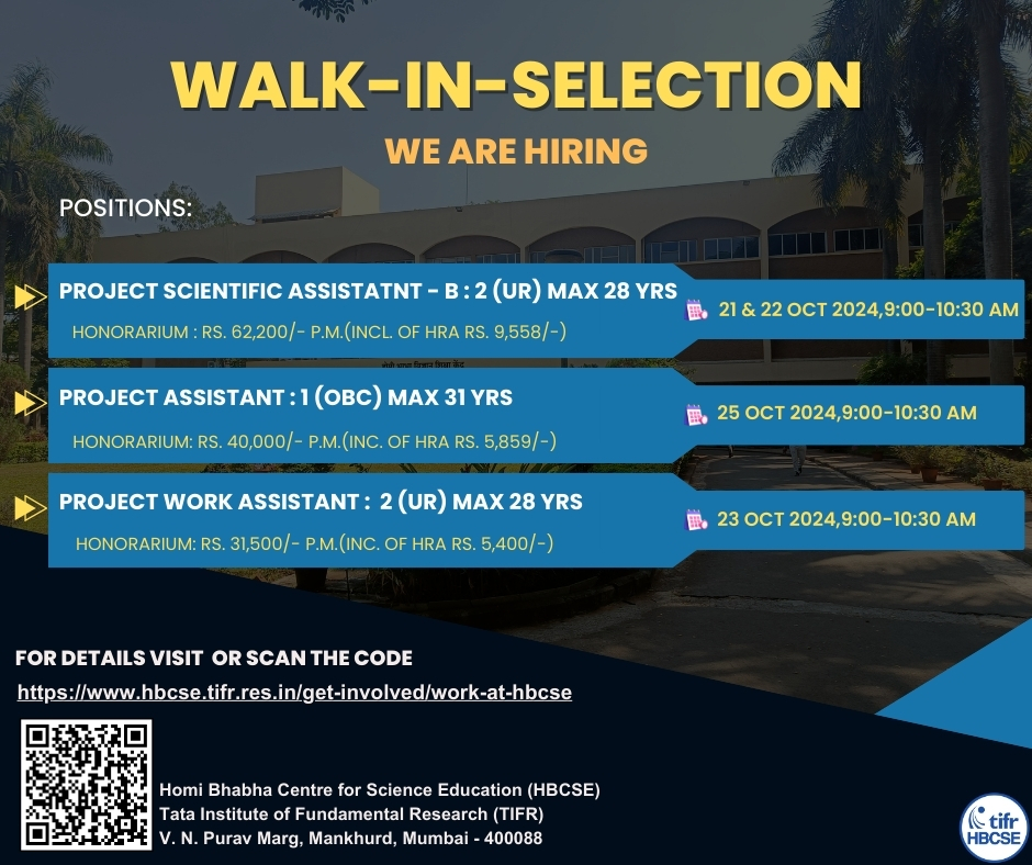 HBCSE_TIFR's tweet image. 📢 Exciting opportunities at HBCSE! 
Join us for walk-in selections. For details, check out:
hbcse.tifr.res.in/get-involved/w…

#Recruitment #hiringalert #Naukri #JobSearch