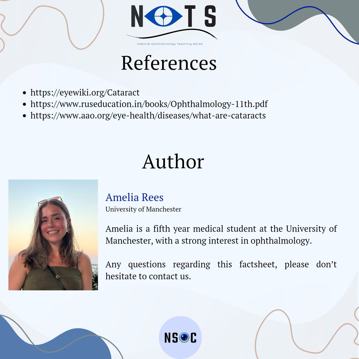 NatOphthalTeach's tweet photo. We are back with another of our fact sheets, this time on cataracts, which is still unfortunately one of the leading causes of blindness in the developing world. 

Keep a look out for our fact sheets which will be posted every 2 weeks ☺️

Author: Amelia Rees https://t.co/rrUd31KEzw