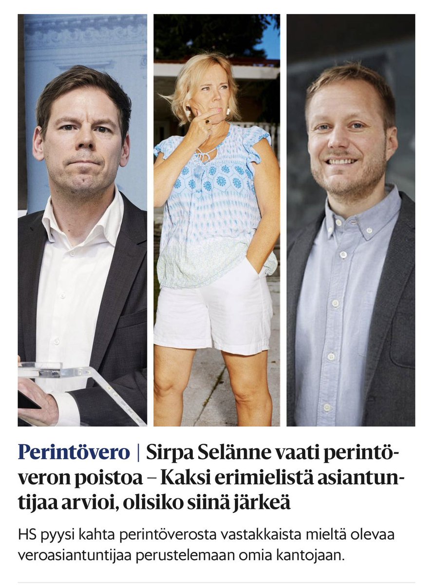 Kaikki kunnia <a href="/hsfi/">Helsingin Sanomat</a> Kuukausiliitteen mielenkiintoiselle henkilöjutulle, mutta onkohan kuitenkaan niin että perintöveron poistoa pohditaan Sirpa Selänteen aloitteena? Sinänsä toki hienoa, että talous- ja veropolitiikka keskusteluttaa.