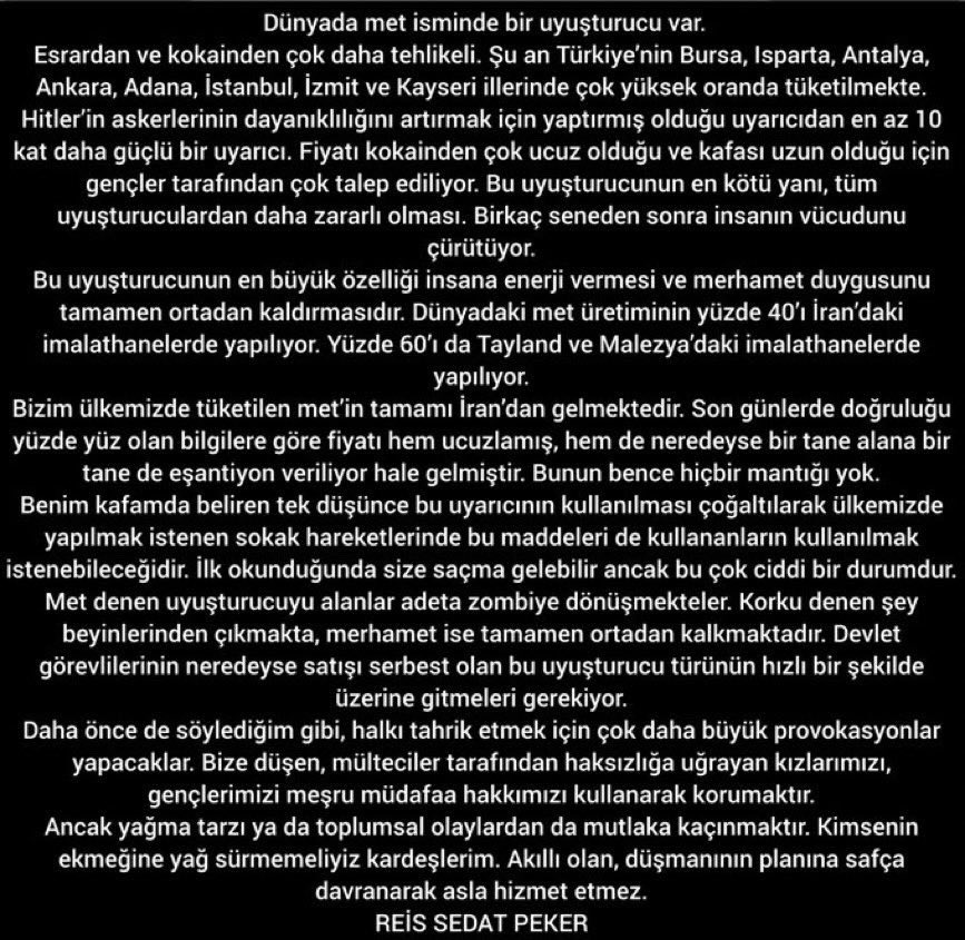 Sokak dilinde ‘GARİBAN KOKAİNİ’ olarak bilinen,15 yıl önce mülteci istilasıyla paralel olarak ülkemize sokulmaya başlanan ‘MET’ isimli uyuşturucu maddenin, toplum mühendisliği için sistematik olarak Türk Gençliğine nasıl zerk edildiğini ilk kez Sayın Reis Sedat PEKER açıklamıştı!