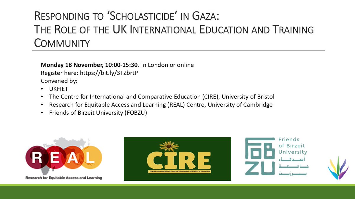 NEW EVENT! Responding to ‘Scholasticide’ in #Gaza: The Role of the UK International Education and Training Community
Monday 18 November in London or online
Background, new report &amp; how can we respond to needs.
With <a href="/REAL_Centre/">REALCentre Cambridge</a> <a href="/fobzu/">Fobzu</a> <a href="/CIRE_bristol/">CIRE Bristol</a> 
ukfiet.org/events/respond…