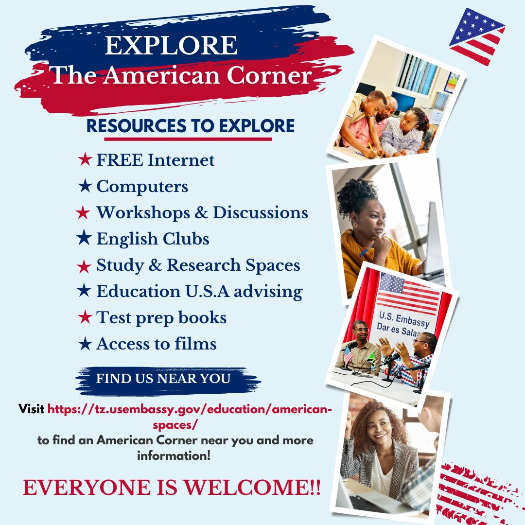 Je upo Dar es Salaam, Mwanza, Unguja au Pemba? Jiunge ili uwe  mwanachama wa Kituo cha Kimarekani (American Corner) leo! Kama mwanachama, utapata huduma ya intaneti BURE, kompyuta, na maeneo mazuri ya kujisomea na kufanya utafiti. Shiriki katika warsha na majadiliano ya kuvutia,