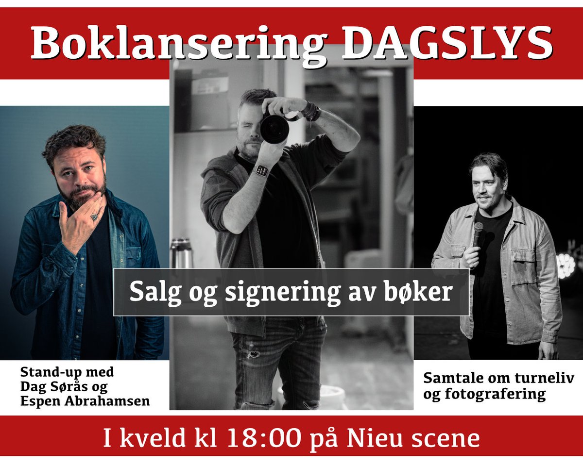 CiViX's tweet image. Velkommen til fotoboklansering i kveld mandag 7. oktober kl 18 på Nieu scene (Soria Moria, Torshov)! Det blir en samtale om turneliv, fotografering og annet med ordstyrer Tone Sabro, stand-up med Dag Sørås og Espen Abrahamsen, og selvsagt mulighet til å kjøpe og få boken signert.