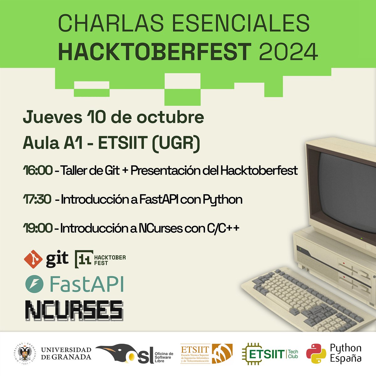 OSLUGR's tweet image. ¡Únete a una comunidad global y participa con tus compis en el #hacktoberfest 2024!
El jueves 10 de Octubre a las 16 acércate al Aula A1 de la @ETSIIT_UGR y en colaboración con el @etsiittech_club te pondremos al día con tecnologías como #Git #FastAPI y #NCurses
¡Te esperamos!