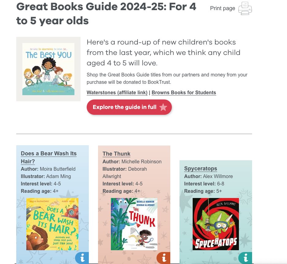 Calling all teachers &amp; parents  @BookTrust's #GreatBooksGuide is here - congrats to all the books who made it into the 4-5 year-old section booktrust.org.uk/booklists/g/gr…! We love these books - and a physical copy of the guide is sent to all primary schools <a href="/MicheRobinson/">Michelle Robinson</a> @NadiaShireen