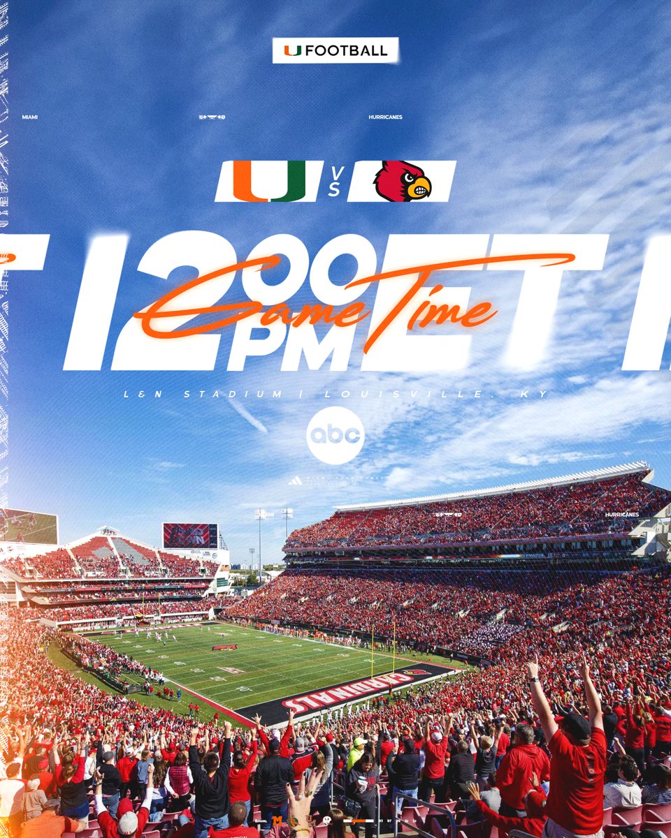🚨 GAME TIME ANNOUNCEMENT 🚨

Our October 19th matchup against Louisville is scheduled for noon on ABC 🙌

🔗: canes.news/LouisvilleGame…
