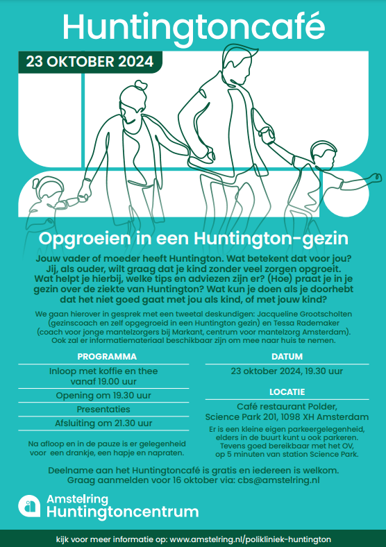 Uitnodiging Huntington-café Amstelring.
Deelname is gratis, graag aanmelden voor 16 oktober via: cbs@amstelring.nl.
Meer informatie kunt u vinden in de agenda op onze website ➩ tinyurl.com/mum6c79u