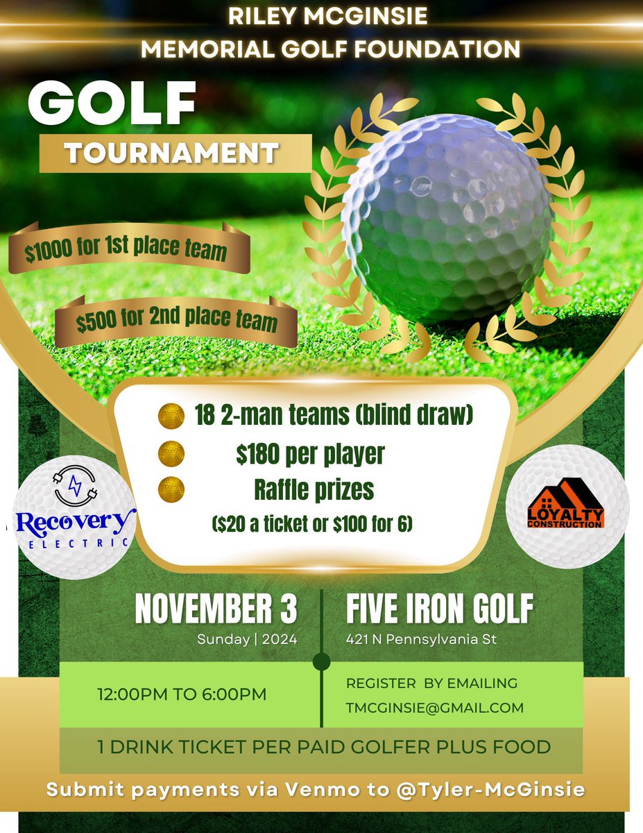 The countdown is on! If you or anyone you know is interested in participating in this special event, please contact me!

All proceeds go to the Riley McGinsie Memorial Golf Foundation whos mission is to provide the youth with equipment to participate in the sport of golf!