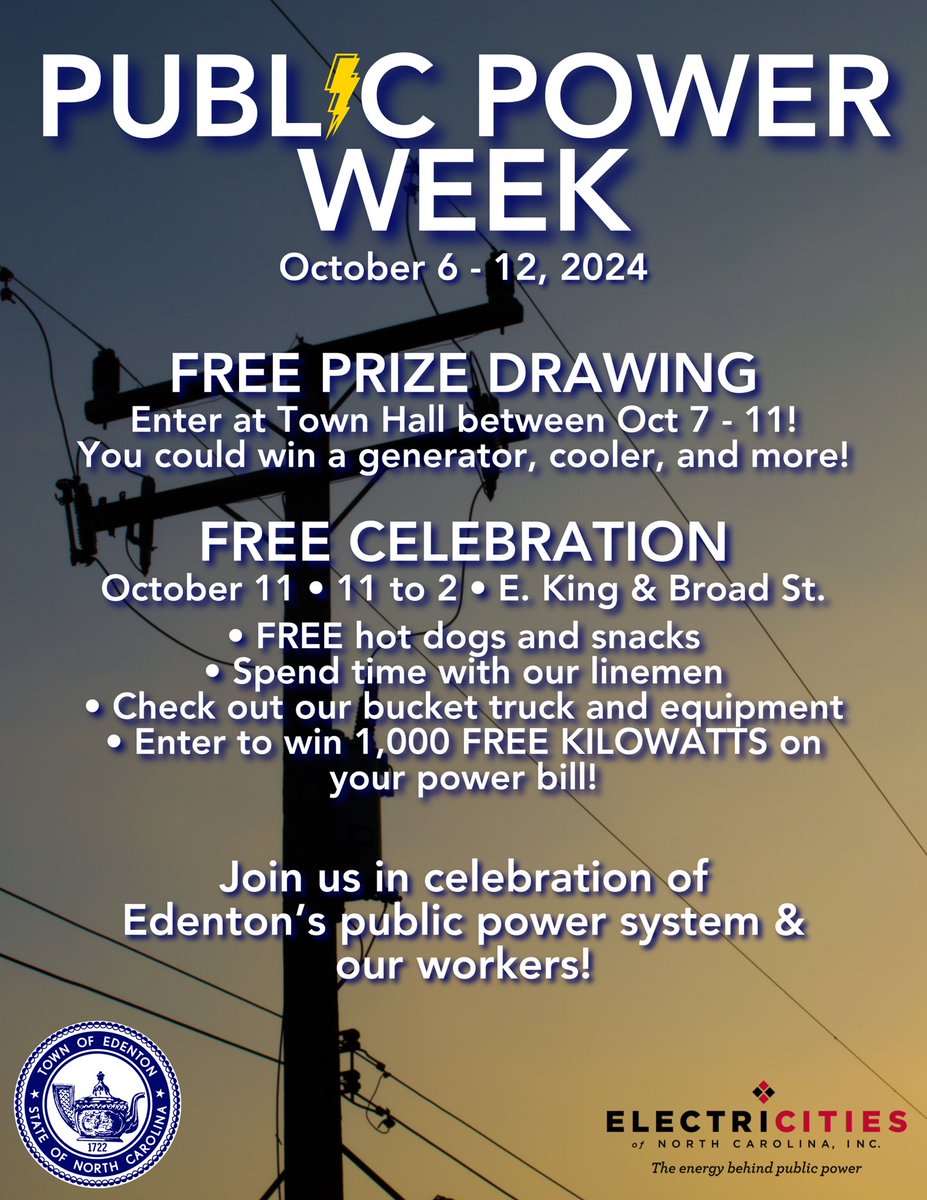 Happy #PublicPowerWeek! This week, we celebrate our community owned public power system. 

Come down to Town Hall all week to enter to win giveaways. On Friday, join us downtown for a celebration, where you could win 1,000 kilowatts off of your electric bill!