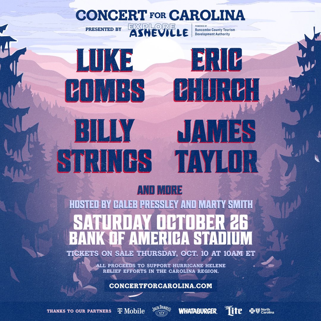 I am honored to join Luke Combs, Eric Church and James Taylor at “Concert for the Carolinas”. October 26. Bank of America Stadium. Charlotte, NC. All proceeds from this event will go towards Hurricane Helene relief efforts.

Tickets on sale Thursday at 10am