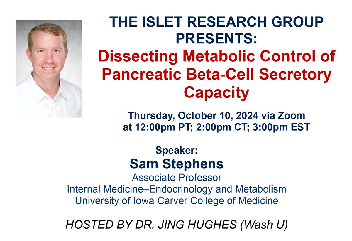 Islet Research Seminar Series (@isletseries) on Twitter photo Join us this Thursday Oct 10 for Sam Stephens from University of Iowa <a href="/foedrc/">The University of Iowa FOEDRC</a> on metabolic control of insulin secretion. Join us this Thursday Oct 10 for Sam Stephens from University of Iowa <a href="/foedrc/">The University of Iowa FOEDRC</a> on metabolic control of insulin secretion.