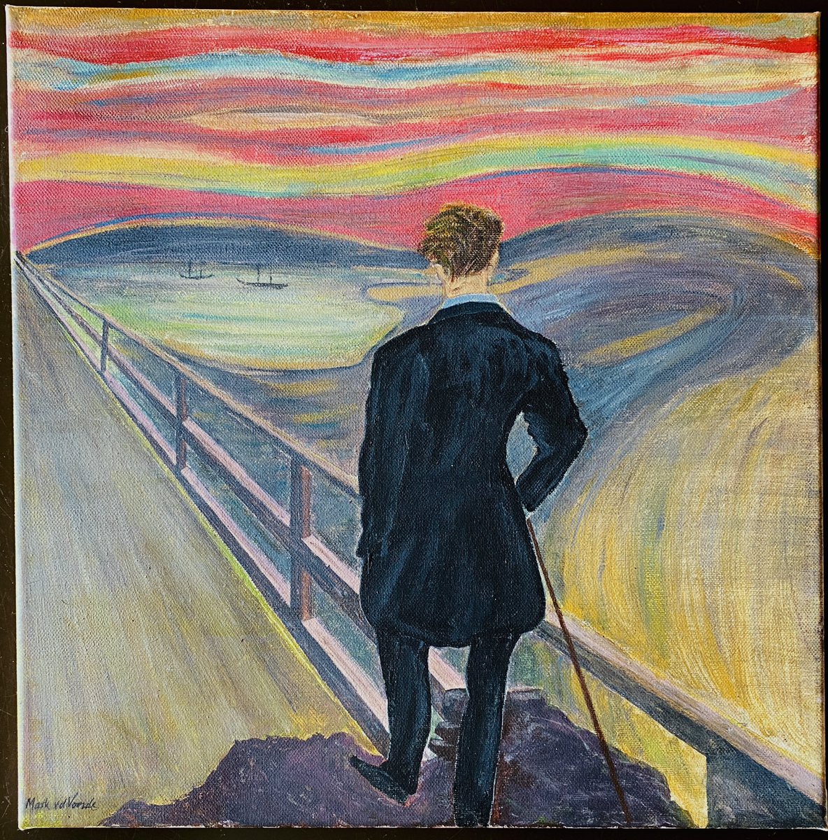 Nog eens een schilderij gemaakt (acryl op doek 40x40). Ook nu weer een pastiche van twee stijlen  (naar Edvard Munch en Caspar Friedrich).