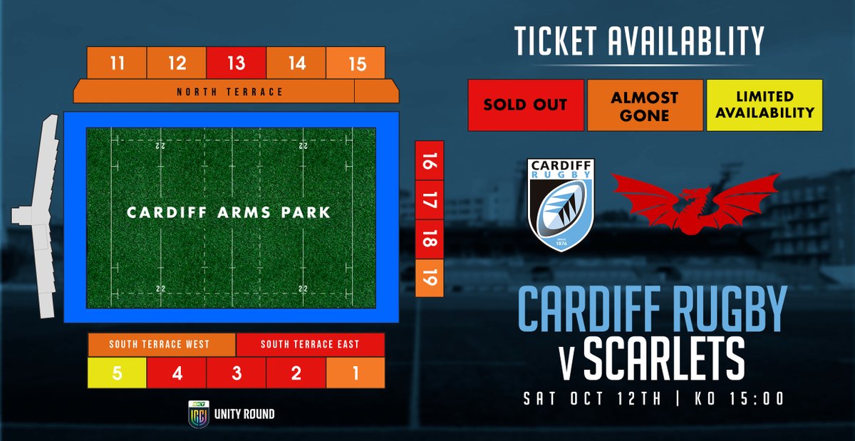 Cardiff_Rugby's tweet photo. HEAT MAP HEADLINES 🆚 @scarlets_rugby 

🔴 Central seated areas in South Stand SOLD OUT
🔴 South Terrace East SOLD OUT
🟠 Very limited availability elsewhere

🎟️ https://t.co/hMOYDLDfN9

#AlwaysCardiff