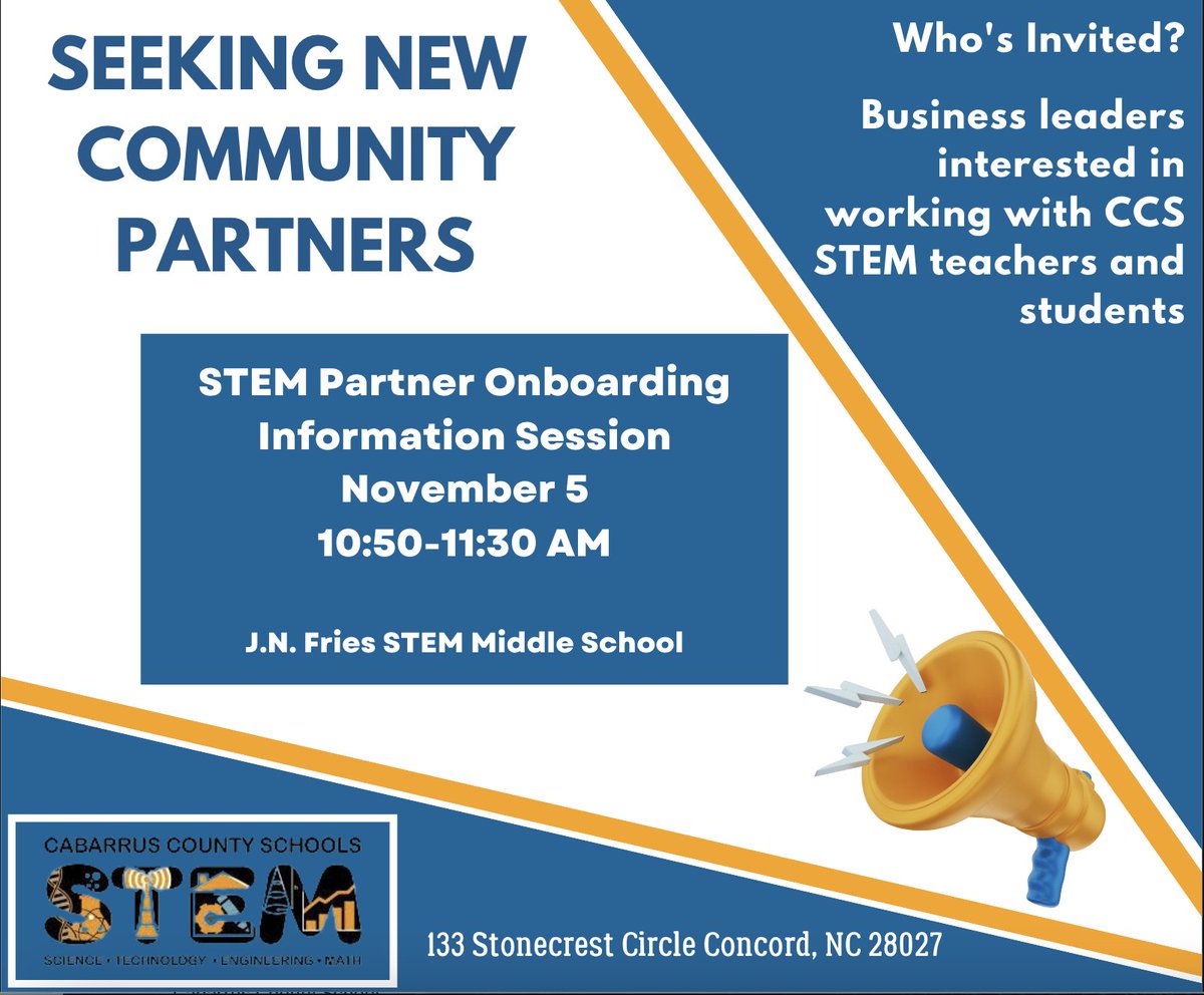 Cabarrus County STEM (@ccsstem) on Twitter photo CCS STEM is seeking new community partners! Join us for our STEM Partner Onboarding Information Session on November 5th from 10:50-11:30 at JN Fries STEM Middle School! We look forward to working with you! <a href="/CabCoSchools/">Cabarrus Co. Schools</a> <a href="/ProgramChoice/">CCS Program Choice</a> CCS STEM is seeking new community partners! Join us for our STEM Partner Onboarding Information Session on November 5th from 10:50-11:30 at JN Fries STEM Middle School! We look forward to working with you! <a href="/CabCoSchools/">Cabarrus Co. Schools</a> <a href="/ProgramChoice/">CCS Program Choice</a>
