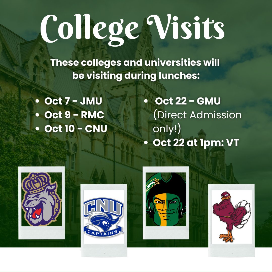 MPHSCougars (@mphsvacougars) on Twitter photo Lots of colleges are stopping by during lunches! Speak to a rep if you are interested in attending these colleges:
<a href="/JMU/">JMU</a> <a href="/RandolphMacon/">randolphmacon</a> <a href="/CNUcaptains/">Christopher Newport University</a> <a href="/NOVAcommcollege/">NOVAcommcollege</a> <a href="/GeorgeMasonU/">George Mason University</a> <a href="/virginia_tech/">Virginia Tech</a> Lots of colleges are stopping by during lunches! Speak to a rep if you are interested in attending these colleges:
<a href="/JMU/">JMU</a> <a href="/RandolphMacon/">randolphmacon</a> <a href="/CNUcaptains/">Christopher Newport University</a> <a href="/NOVAcommcollege/">NOVAcommcollege</a> <a href="/GeorgeMasonU/">George Mason University</a> <a href="/virginia_tech/">Virginia Tech</a>