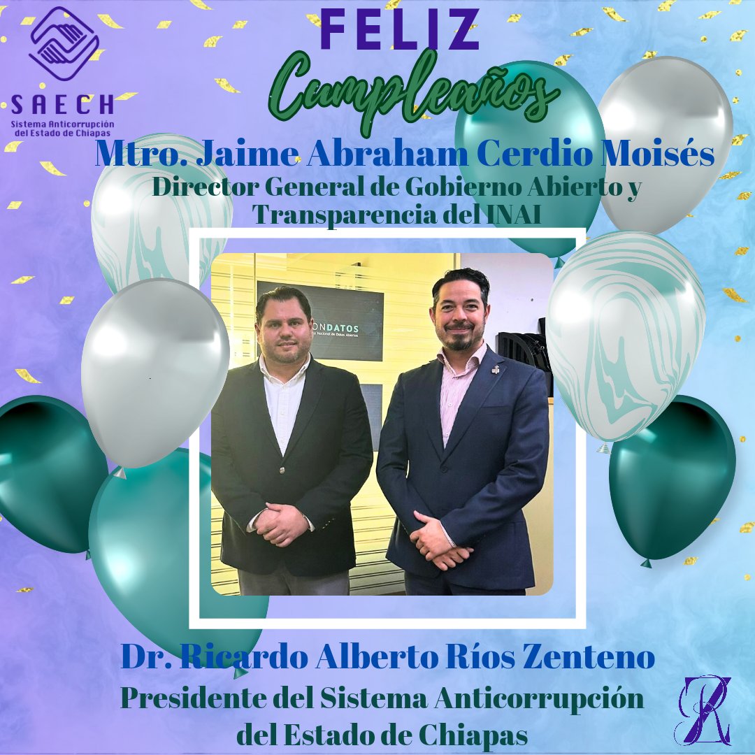 RRiosZenteno's tweet photo. Felicito a mi amigo y paisano Mtro. @JaimeCerdio Moisés, Director General de Gobierno Abierto y Transparencia del @INAImexico con motivo de su cumpleaños, deseándole lo mejor siempre.

#CPCSAECH
#ChiapasSinCorrupción
#SomosAnticorrupción https://t.co/xhCN19FWb1