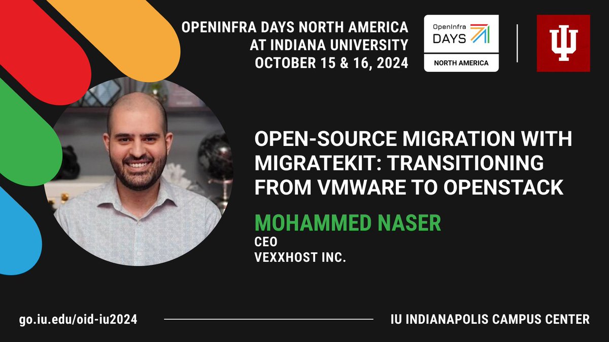 Want to keep your VMs running during migration?   

At #OpenInfraDay NA, <a href="/_mnaser/">Mohammed Naser</a> will share real-world case studies to show how companies are using MigrateKit to make the transition with minimal disruption.  

🕒Oct 16, 2:20pm - 2:40pm 📍@IUPUI