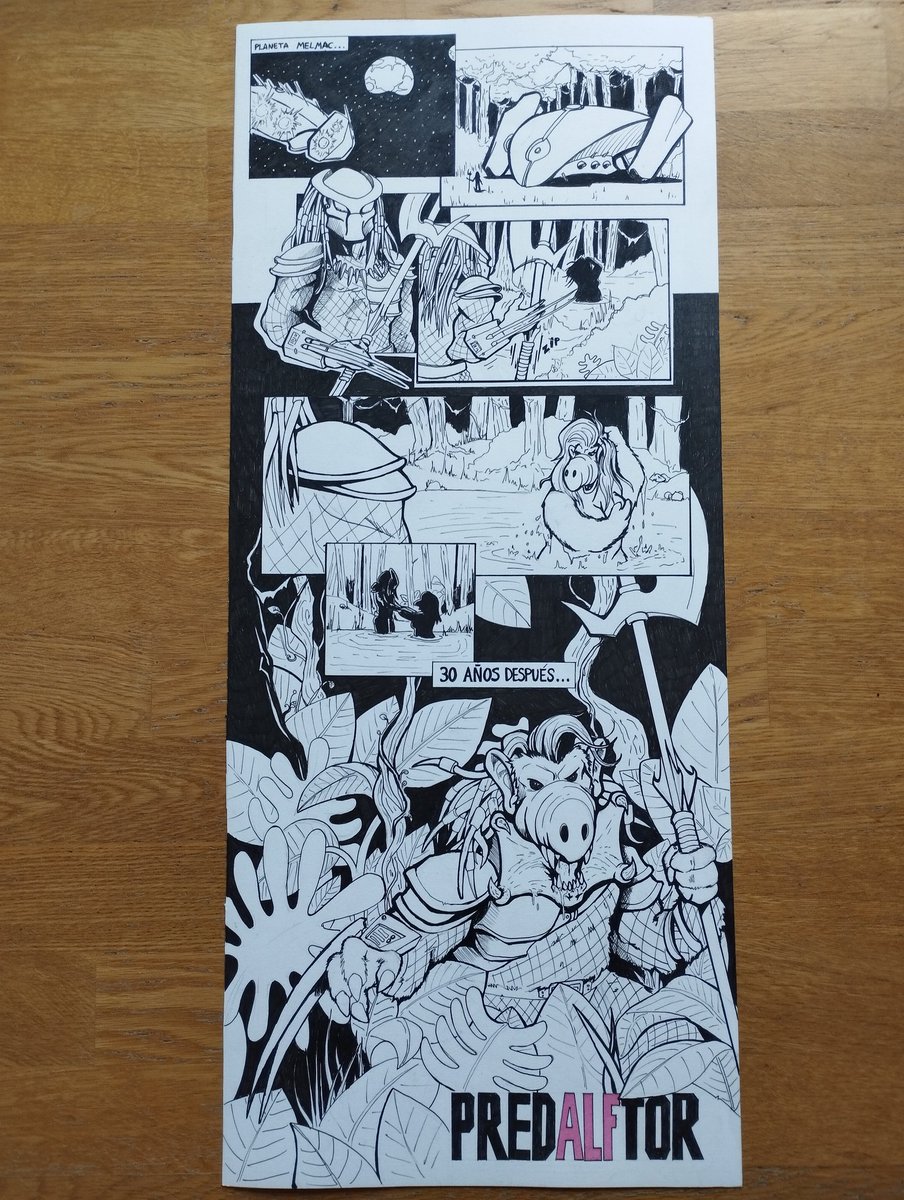 Tenía una pieza de papel de 30x70cm y decidí crear los inicios de #predalftor el crossover entre #alf y #predator 

Una noche de pasión en el planeta #melmac y la jungla como testigo.

#inktober #inkdrawing #comic #magazine